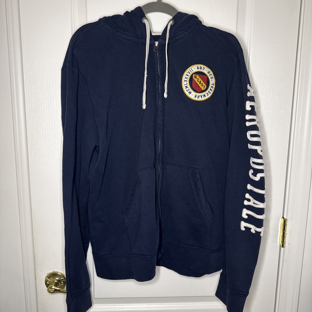 Aeropostale Full Zip Hoodie Mens XL Navy Blue A87 Patch Sleeve Spellout Y2K